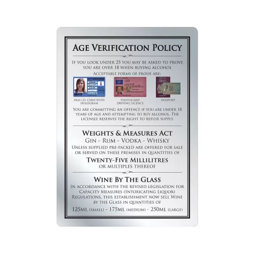 Mileta Silver Aluminium Rectangle Sign - Age Verification Policy Notice 21 x 29.7cm